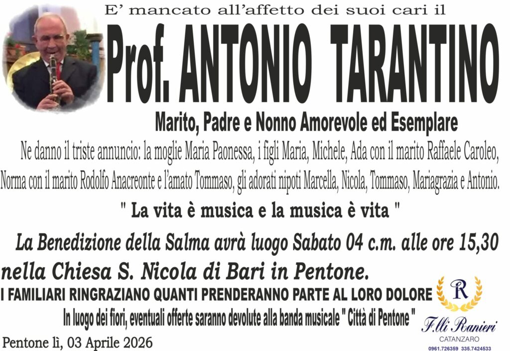 IL PROF. ANTONIO TARANTINO è MANCATO ALL'AFFETTO DEI SUOI CARI