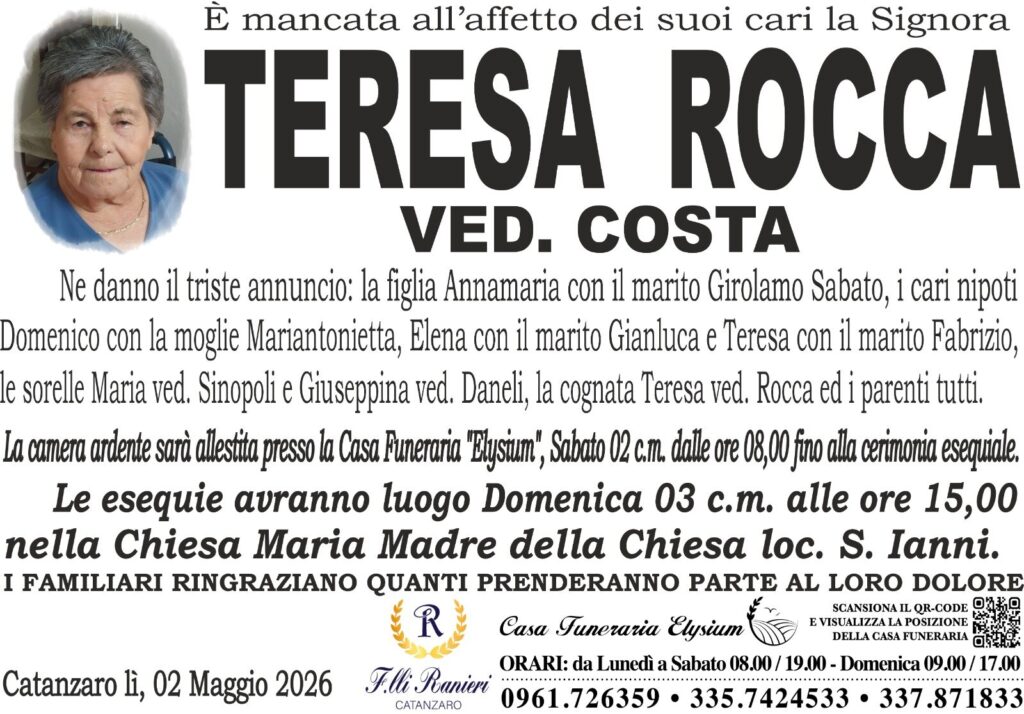 Teresa Rocca è mancata all'affetto dei suoi cari