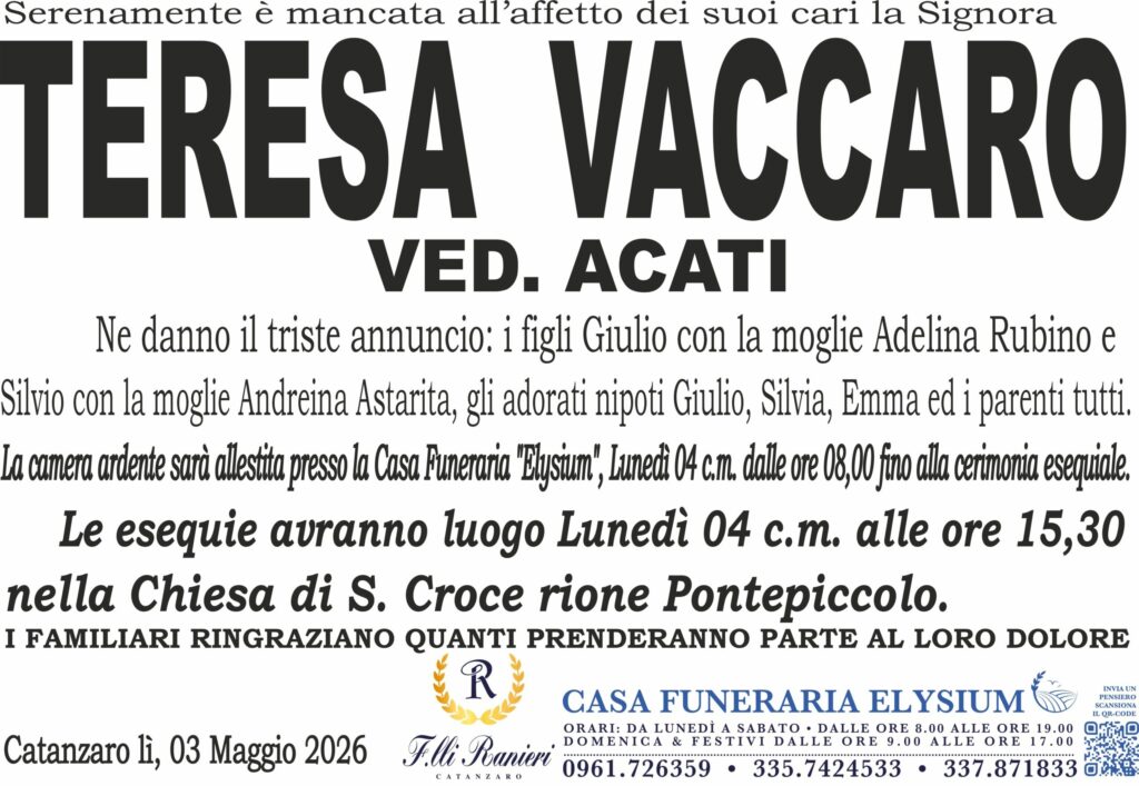 Teresa Vaccaro è mancata all'affetto dei suoi cari