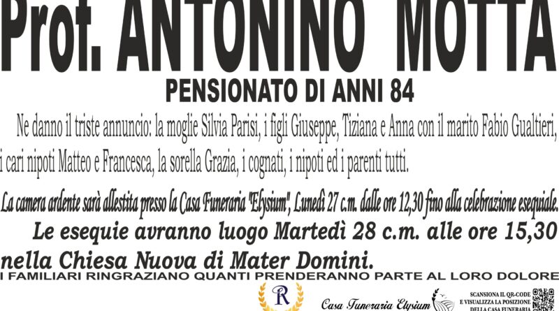 PROF. ANTONIO MOTTA è MANCATO ALL'AFFETTO DEI SUOI CARI