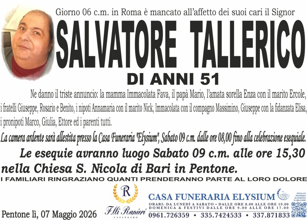 Salvatore Tallerico è mancato all'affetto dei suoi cari