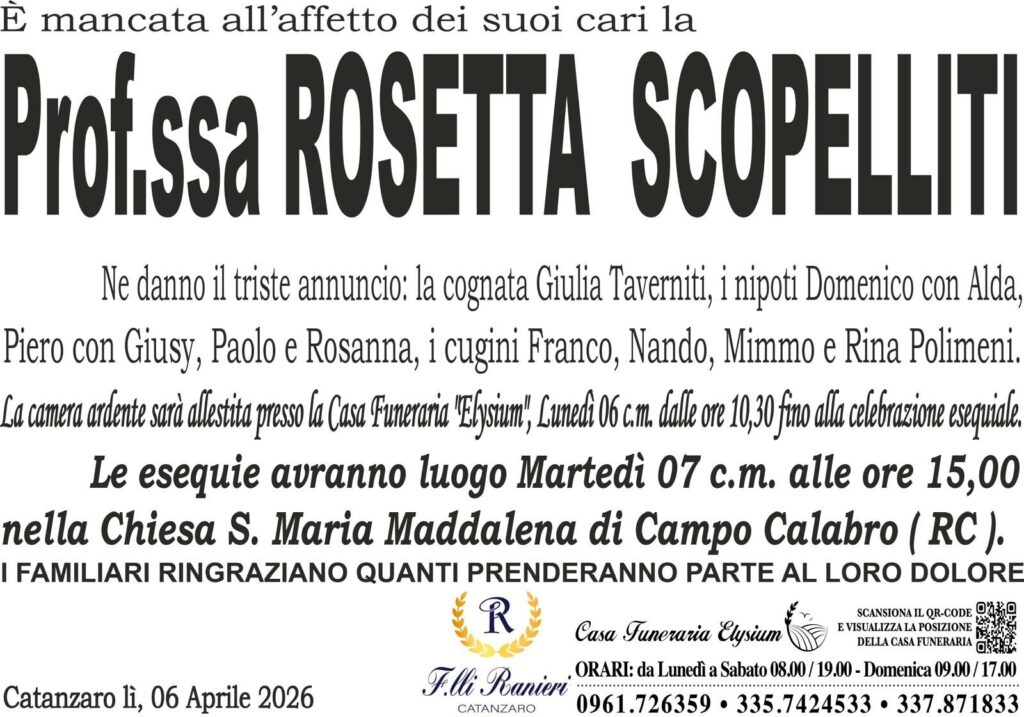 La Pof.ss Rosetta Scopelliti è mancata all'affetto dei suoi cari