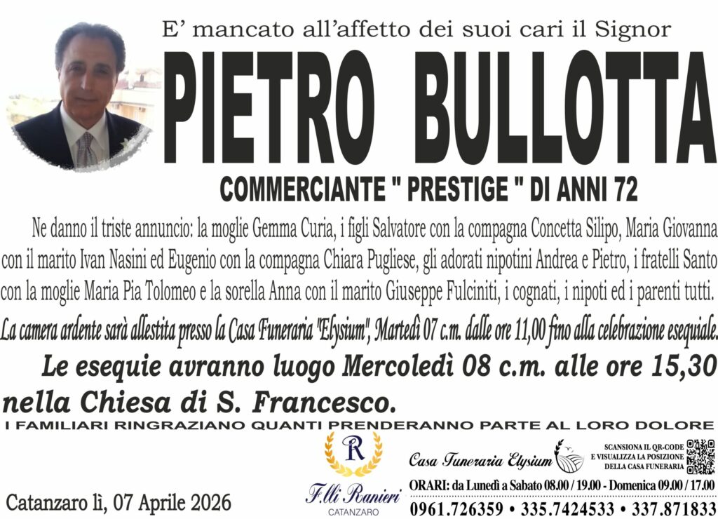 Pietro Bullotta è mancato all'affetto dei suoi cari
