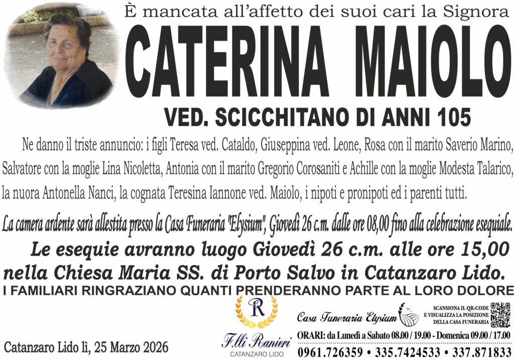 CATERINA MAIOLO è MANCATA ALL'AFFETTO DEI SUOI CARI
