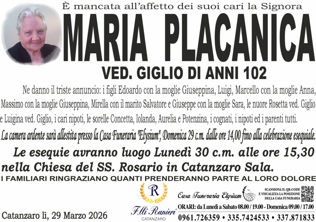 MARIA PLACANICA è MANCATA ALL'AFFETTO DEI SUOI CARI