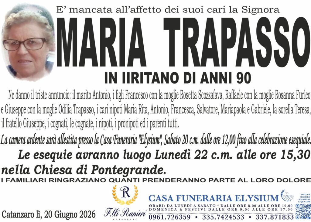Maria Trapasso è mancata all'affetto dei suoi cari