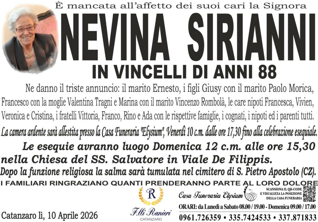 Nevina Sirianni è mancata all'affetto dei suoi cari