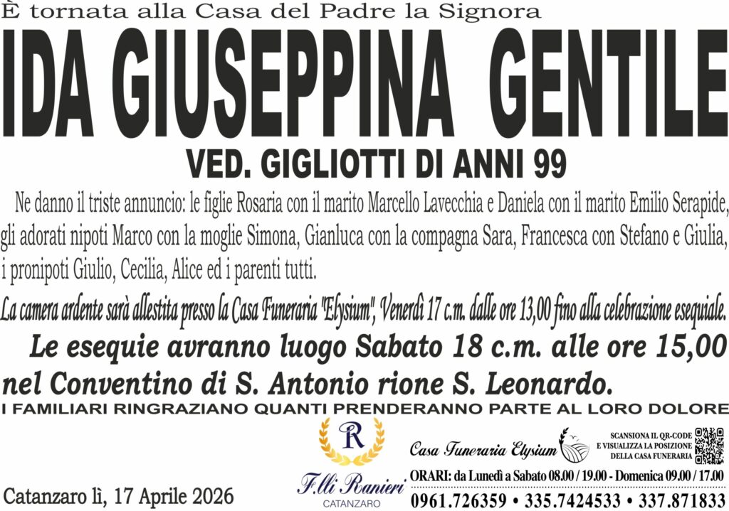 Ida Giuseppina Gentile è mancata all'affetto dei suoi cari