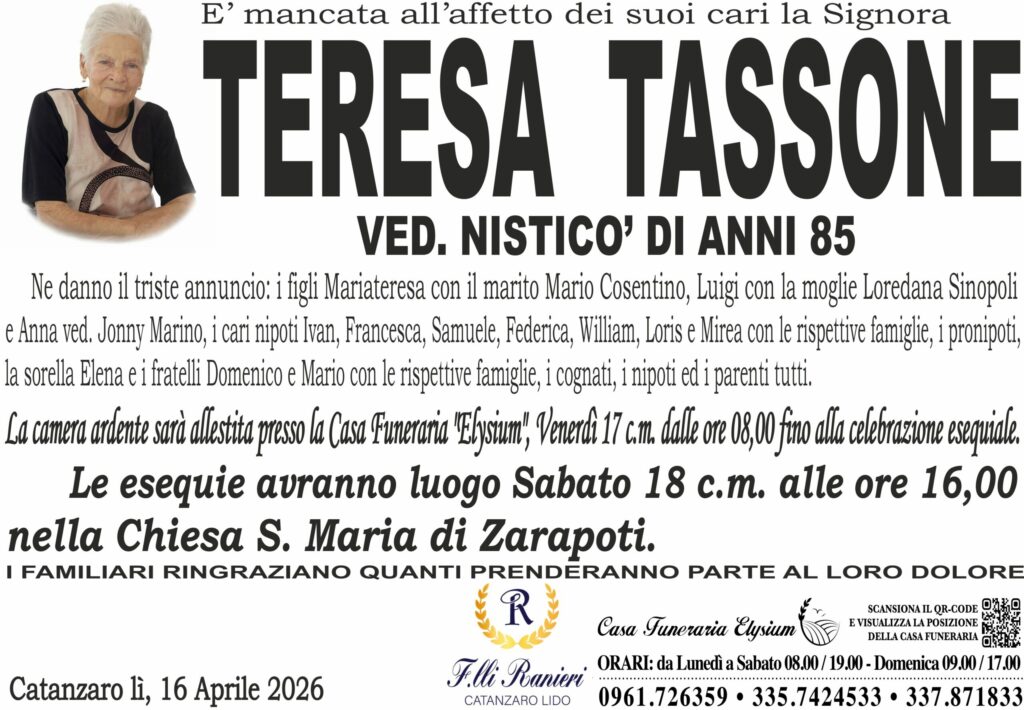 Teresa Tassone è mancata all'affetto dei suoi cari