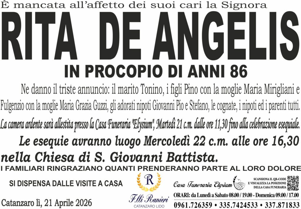 Rita De Angelis è mancata all'affetto dei suoi cari
