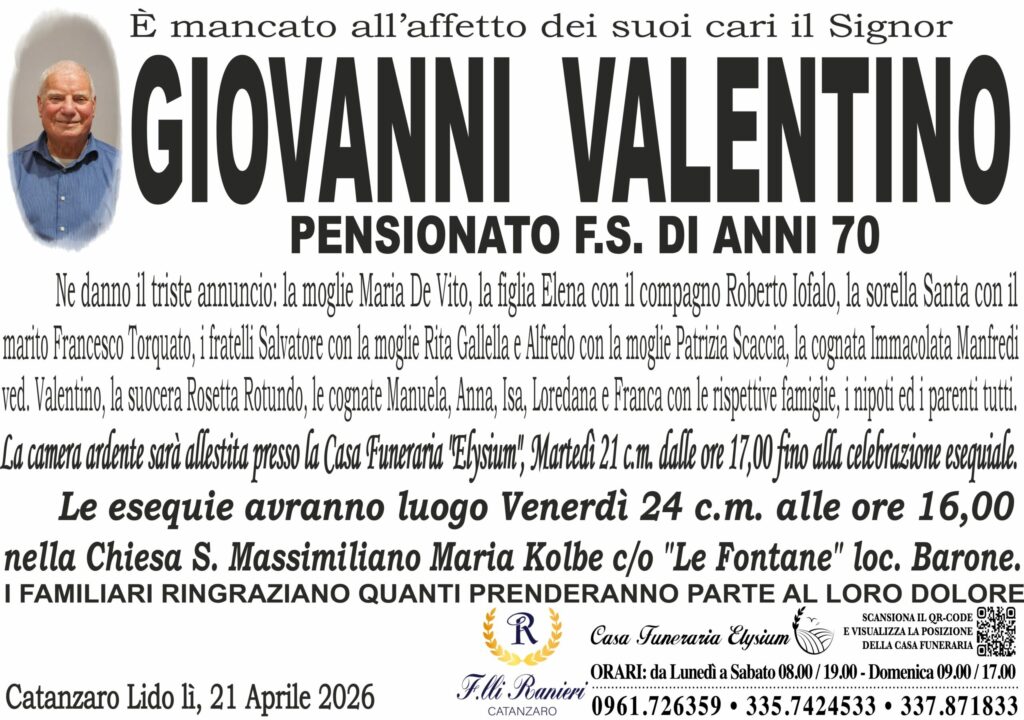 Giovanni Valentino è mancato all'affetto dei suoi cari