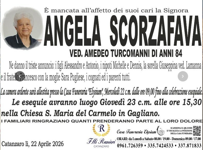 Angela Scozzafava è mancata all'affetto dei suoi cari