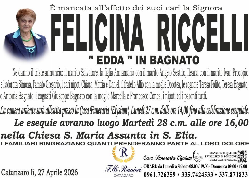 Felicina Riccelli è mancata all'affetto dei suoi cari