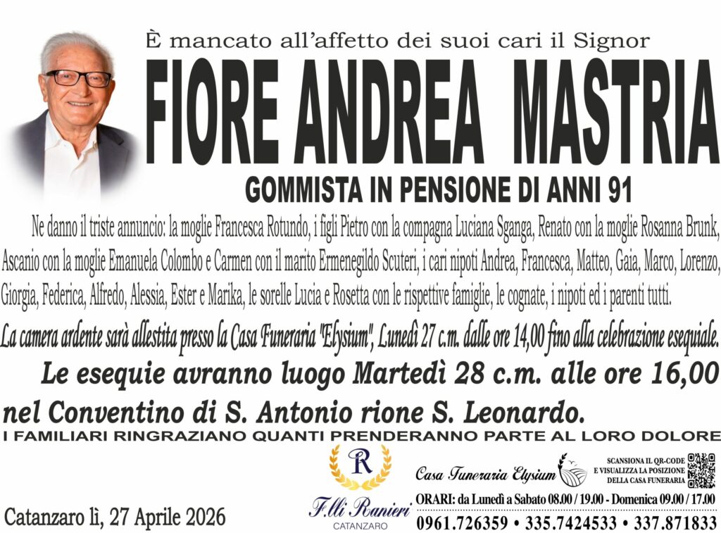 Fiore Andrea Mastria è mancato all'affetto dei suoi cari
