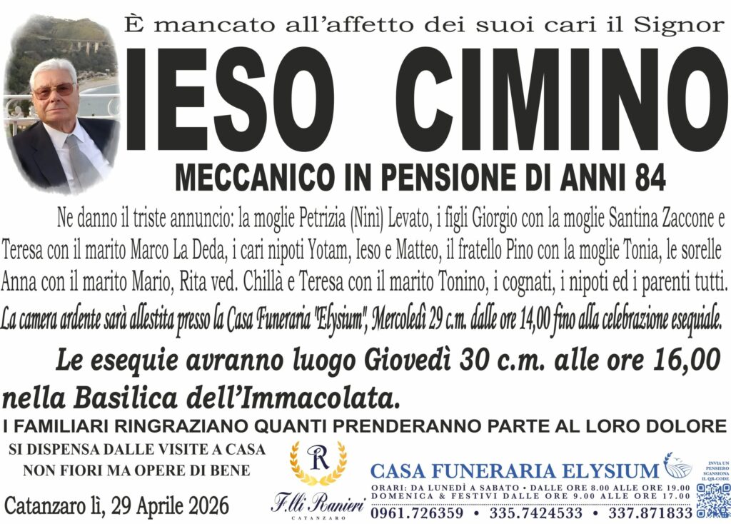 Ieso Cimino è mancato all'affetto dei suoi cari
