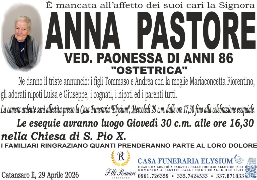 Anna Pastore è mancata all'affetto dei suoi cari