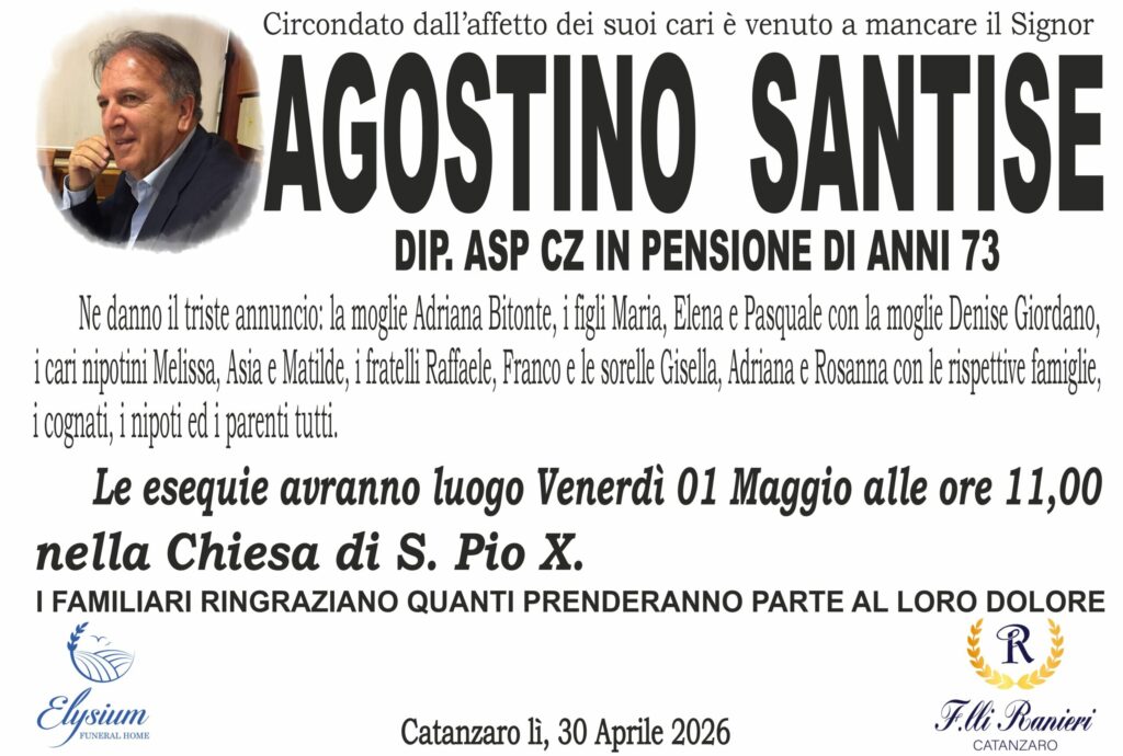Agostino Santise è mancato all'affetto dei suoi cari