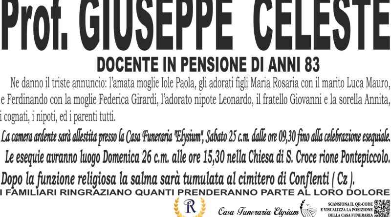 IL PROF. GIUSEPPE CELESTE è MANCATO ALL'AFFETTO DEI SUOI CARI