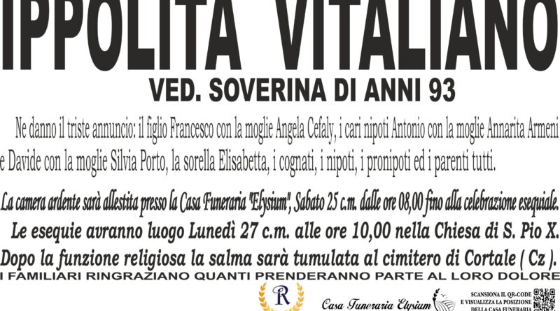 IPPOLITA VITALIANO è MANCATA ALL'AFFETTO DEI SUOI