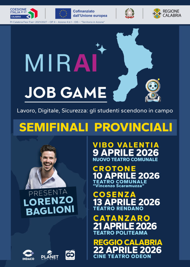 Dalla scuola al lavoro: al via le semifinali provinciali del Mirai Job Game Il progetto di orientamento, promosso dalla Regione Calabria, entra nella fase più coinvolgente: gli studenti qualificati, tra il 9 e il 22 aprile, saranno impegnati nelle gare che si terranno nei teatri delle cinque province calabresi