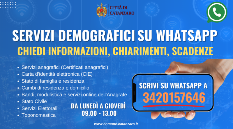 Il Comune di Catanzaro lancia il servizio WhatsApp per i servizi demografici. Iemma: “Più vicini ai cittadini”